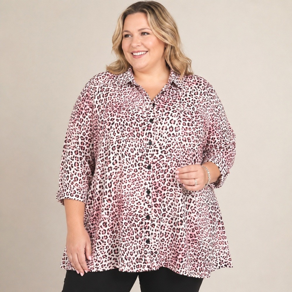 Roaman's 26W Pink Leopard Print Tunic Top Button Front Long Sleeve Plus Size